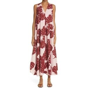 LaDouble J Selva Sleeveless Cotton Tent Dress Pink Red Monstera Tropical Leaf S